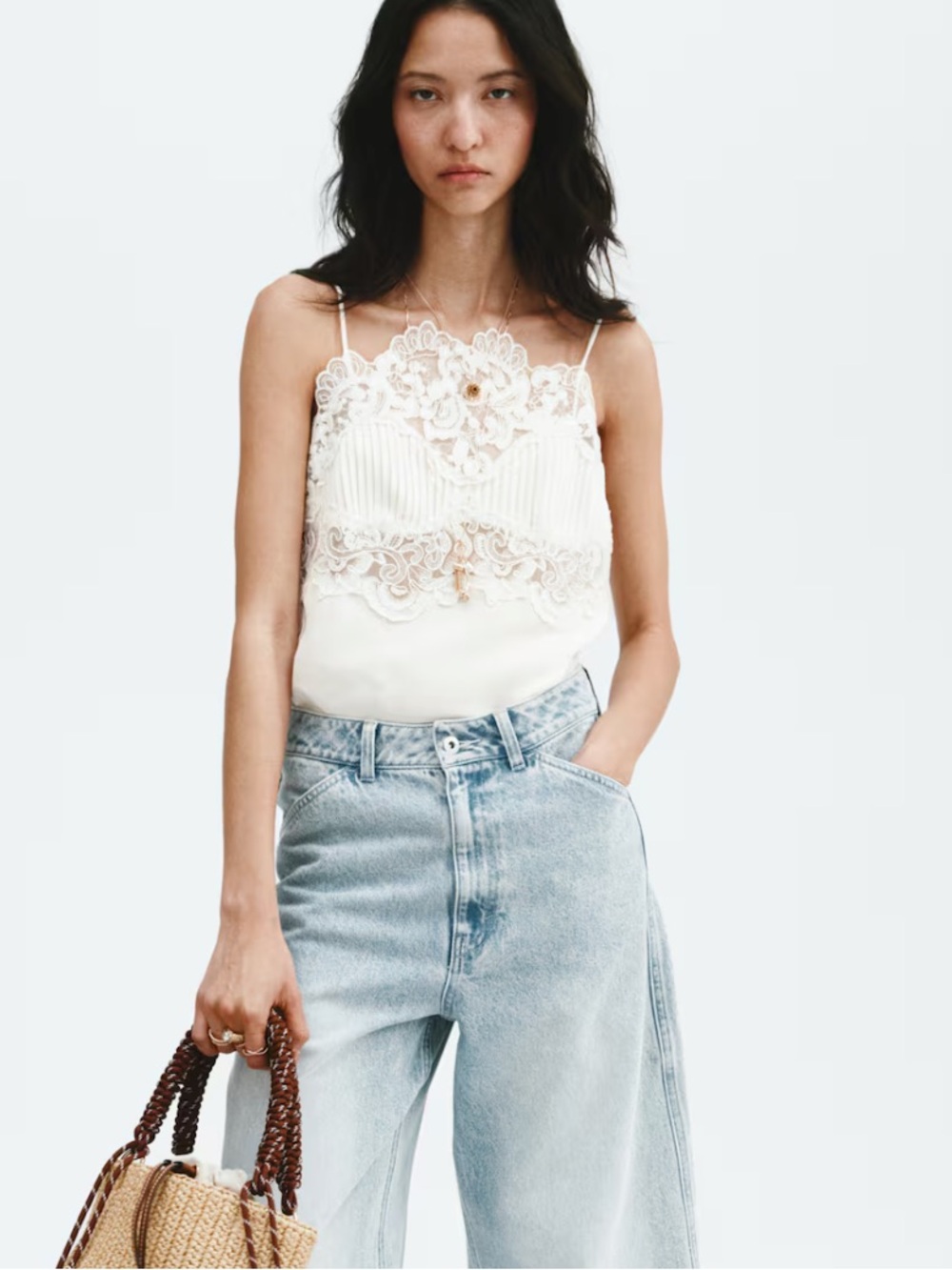 H&M Linen Blend Lace Detail Cami Top NWOT Size M